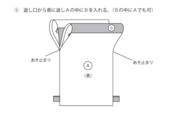 返し口から表に返しＡの中にＢを入れる。（Ｂの中にＡでも可）