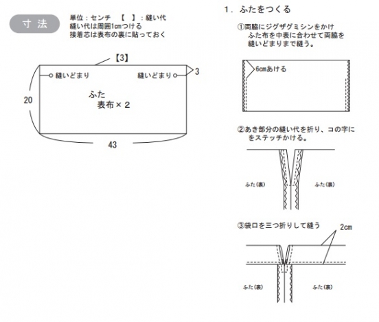 ふたをつくる。
両脇にジグザグミシンをかけ、ふた布を中表に合わせて両脇を縫いどまりまで縫う。　
あき部分の縫い代を折り、コの字にステッチをかける。
袋口を三つ折りして縫う。