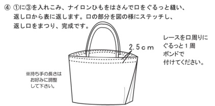 （1）に（3）を入れこみ、ナイロンひもをはさんで口をぐるっと縫い、返し口から表に返します。口の部分を図の様にステッチし、返し口をまつり、完成です！