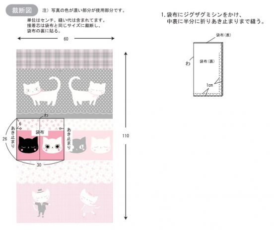 袋布にジグザグミシンをかけ、中表に半分に折り、あき止まりまで縫う。