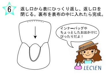 返し口から表にひっくり返し、返し口を閉じる。裏布を表布の中に入れたら完成。
