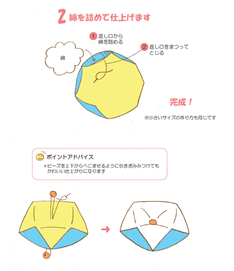返し口から綿を詰め、返し口をまつってとじたら完成！
＊ビーズを上下からへこませるように引きぎみにつけてもかわいい仕上がりになります。