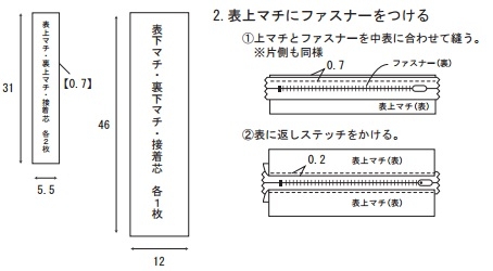 上マチとファスナーを中表に合わせて縫う。
表に返しステッチをかける。