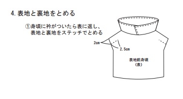 表地と裏地をとめる
身頃に衿がついたら表に返し、
表地と裏地をステッチでとめる
