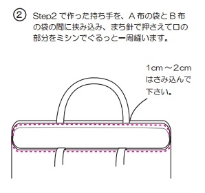 Step2 で作った持ち手を、A 布の袋と B 布の袋の間に挟み込み、まち針で押さえて口の部分をミシンでぐるっと一周縫います。