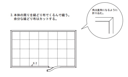 本体の周りを縁どり布でくるんで縫う。余分な縁どり布はカットする。