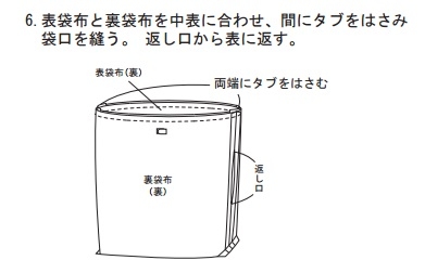表袋布と裏袋布を中表に合わせ、間にタブをはさみ袋口を縫う。 返し口から表に返す。