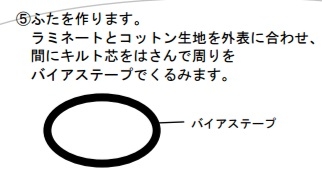 ふたを作ります。ラミネートとコットン生地を外表に合わせ、間にキルト芯をはさんで周りをバイアステープでくるみます。