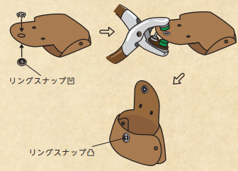 ふたのスナップ位置にマルチプライヤーでリングスナップの凹をとめます。その後、袋部分のリングスナップ凸の位置を決めて印しるしをつけ、リングスナップ凸をとめます。