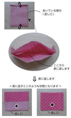 接着した部分を内側に折って形を整え、表に返します。
