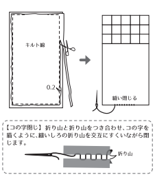 縫い目から0.2cmくらい残してキルト綿をカットし、返し口から表に返します。返し口をコの字閉じで縫い閉じ、アイロンを当てて形を整えます。