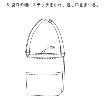 袋口の端にステッチをかけ、返し口をまつる。