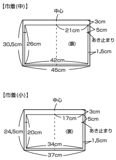 ＜巾着中・小＞
図を参考に生地をカットして、印を入れます。
※この時、布端をピンキングはさみやジグザグミシン等で始末をしておくと、仕上がりがきれいです。