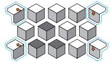 同じ要領で他のピースを縫い合わせます。
左右の（---）で囲ったブロックは、ピースを2枚だけ縫い合わせます。