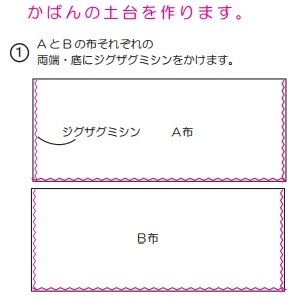 かばんの土台を作ります。
A と B の布それぞれの
両端・底にジグザグミシンをかけます。