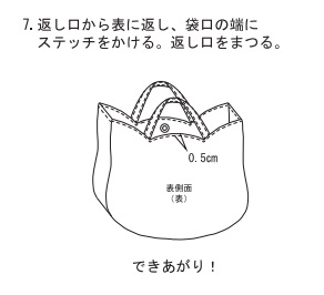 返し口から表に返し、袋口の端にステッチをかける。返し口をまつる。
できあがり!