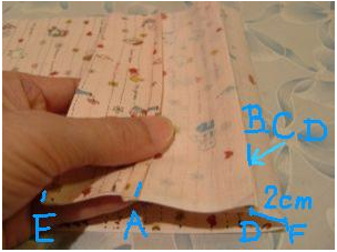 (6)まで折り返してきた布を　(3)と同じ様に2cmずらす
((ED(8cm)間を2cm延長して 10cmにします))。
外側に出来た新しい折り線をFとします。