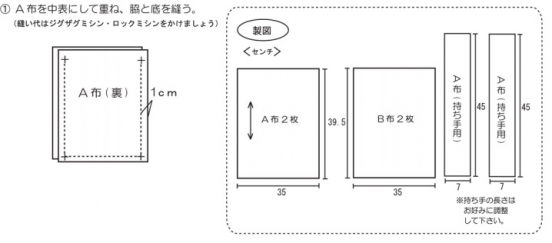 A 布を中表にしてキルト芯を重ねて、底と脇を縫う。