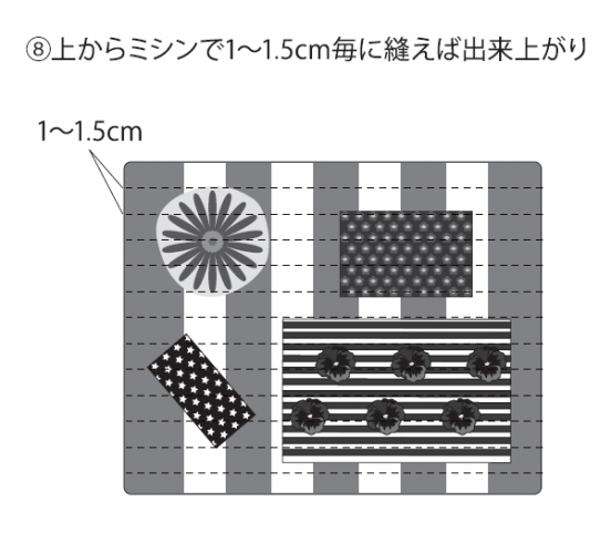 上からミシンで1～1.5cm毎に縫えば出来上がり