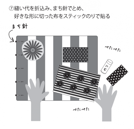 縫い代を折り込み、まち針でとめ、好きな形に切った布をスティックのりで貼る