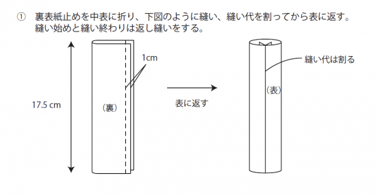 裏表紙止めを中表に折り、図のように縫い、縫い代を割ってから表に返す。縫い始めと縫い終わりは返し縫いをする。