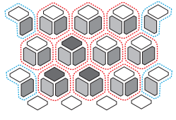 実物大図案を参照し、カットしたAのピースを表向きに並べてレイアウトを確認します。
※（---）線で囲ったブロックに縫い合わせていきます。