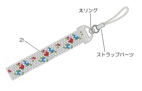 ステッチ金具に太リングでストラップパーツをつないで出来上がり。（プライヤー・ラジオペンチ使用）