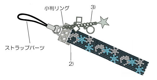 ステッチ金具にストラップパーツと4)をつないで出来上がり。（プライヤー使用）