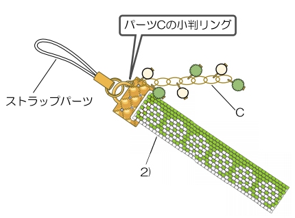 ステッチ金具にストラップパーツと4)をつないで出来上がり。（プライヤー使用）