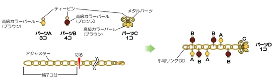 ティーピンにビーズなどを通してピン曲げをし、パーツA～Cを作る。アジャスターを図の位置で切り、パーツA～Cと小判リング(太)をつないでパーツDを作る。（プライヤー・先丸ペンチ使用）