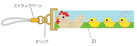 ステッチ用金具にストラップパーツをつないで出来上がり。(プライヤー・ラジオペンチ使用)