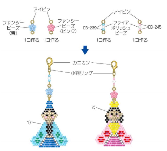 アイピンにビーズを通してピン曲げをして、パーツを作る。パーツと1）・2）のモチーフとカニカンをつないで出来上がり。