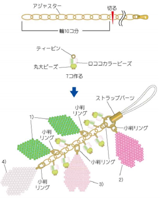 アジャスターを輪10コに切る。ティーピンにビーズを通してピン曲げをし、パーツを作る。下図のように、金具・パーツ・モチーフをつないで出来上がり。
